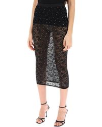Alessandra Rich - Midi Skirt In Lace With Rhinestones - Lyst
