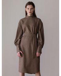 AEER Pleated Button Back Wool Dress - Brown