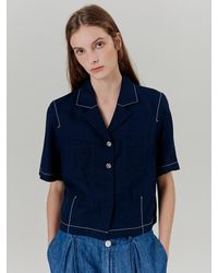 a.t.corner [exclusive] Open Collar Tonal Topstitched Linen Shirts - Blue