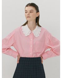 a.t.corner Knit Collar Crop Stripe Shirt - Pink