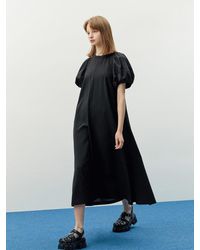a.t.corner Volume Sleeve Flair Long Dress (aedr2e015bk) - Black