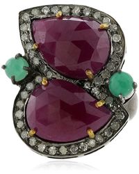 Artisan - Ruby Emerald Diamond 18k Gold 925 Sterling Silver Long Ring Jewelry - Lyst