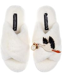 Laines London - Neutrals Cream Classic Laines Slippers With Baby Boy Stork Brooch - Lyst