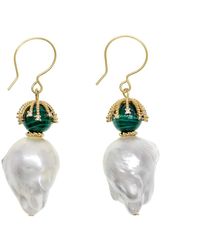 Farra - Baroque Pearl With Round Malachite Hook Earrings - Lyst