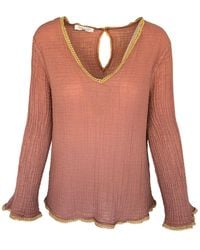 Haris Cotton - Textured Cotton V-Neck Top With Trim Blush - Lyst