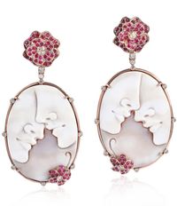 Artisan - Diamond 18k Rose Gold Flower Dangle Earrings Carving Shell Cameos Ruby Jewelry - Lyst
