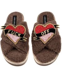 Laines London - Neutrals Laines Neutral Boucle Slippers With Fuck Off Brooches - Lyst