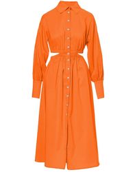 BLUZAT - Orange Midi Shirt Dress With Waist Cut-out - Lyst