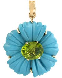 Artisan - Carved Turquoise & Oval Shape Peridot With 18k Gold In Tropical Flower Charm Pendant - Lyst