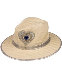 Laines London - Neutrals Straw Woven Hat With Couture Embellished Heart Eye Design - Lyst