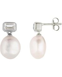 Lulu B London - Pearl Drop Stud Earrings With Baguette Cubic Zirconia - Lyst