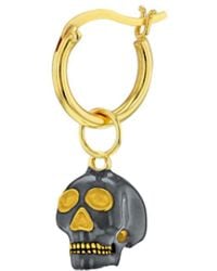 True Rocks - Mini Skull Charm Gun Metal Grey & Gold On A Gold Hoop - Lyst