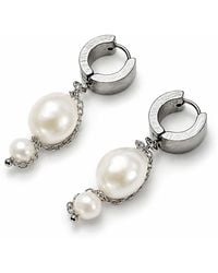 Kirei - Pulse – Stainless Steel Hoop Earrings With Double Freshwater Pearl & Chain - Lyst