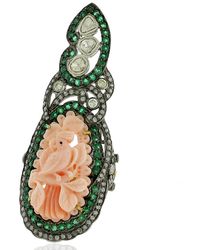 Artisan - Carved Coral & Emerald Pave Uncut Diamond In 18k Gold With Silver Long Ring - Lyst