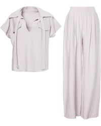 BLUZAT - Neutrals Linen Set With Shirt With Pockets And Wide Leg Trousers - Lyst