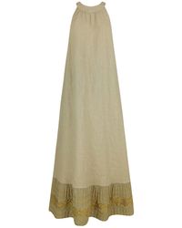 Haris Cotton - Neutrals Halter Neck Maxi Linen Dress With Embroidered Cotton Panels - Lyst