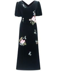 Silk and Bears - Hand-Embroidered Silk Velvet Puff-Sleeve Maxi Dress — Floral — Velvet Atelier - Lyst