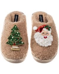 Laines London - Neutrals Teddy Closed Toe Slippers With Christmas Tree & Santa Clause Brooches - Lyst
