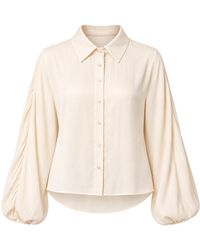 Carloslines - Neutrals Oversized Balloon Sleeve Button Down Crinkled Satin Shirt W/ Shirttail - Lyst