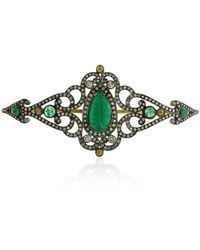 Artisan - Carving Emerald & Diamond Pave Elegant Palm Bracelet In 18k Gold With Sterling Silver - Lyst