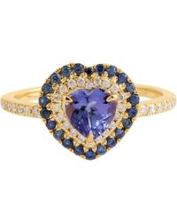 Artisan - Natural Tanzanite & Sapphire Diamond Heart Ring Solid 18k Yellow Gold - Lyst