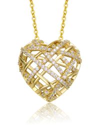 Genevive Jewelry - Sterling Silver Yellow Plated Cubic Zirconia Knotted Ribbon Puffed Heart Pendant Necklace - Lyst
