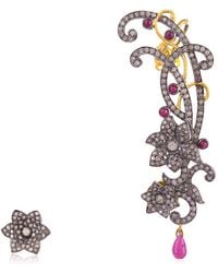 Artisan - Ruby Pave Diamond 18k Gold 925 Sterling Silver Designer Flower Ear Cuffs Jewelry - Lyst