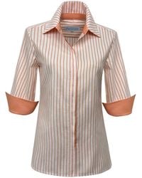 Perlavera - Sam Stripe Hidden Placket Three Quarter Sleeve Slim Fit Cotton Oxford Shirt - Lyst