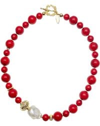 Farra - Coral With Baroque Pearl Statement Necklace - Lyst
