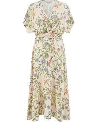 Yumi' - Neutrals Ivory Floral Print Ruched Waist Midi Dress With Kimono Sleeves - Lyst