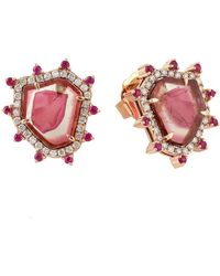 Artisan - 18k Solid Rose Gold Melon Tourmaline Ruby Diamond Stud Earrings Gemstone Jewelry - Lyst