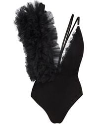 LIA ARAM - Lace Asymmetric Ruffled Bodysuit - Lyst