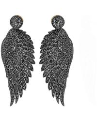 Artisan 18k Gold 925 Sterling Silver Angele Wings Black Diamond Dangle Earrings Jewellery - Metallic