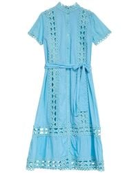 Niza - Long Printed Dress With Short Puff Sleeves And Belt - Lyst