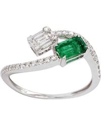 Artisan - Natural Baguette Emerald & Diamond In 18k White Gold Designer Bypass Ring - Lyst