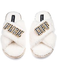 Laines London - Neutrals Laines Neutral Boucle Slippers With Chequered Fuck Off Brooches - Lyst