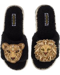 Laines London - Teddy Towelling Slipper Sliders With Golden Lion & Lioness Brooches - Lyst
