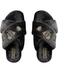 Rettrose - Katie Charcoal Luxury Plush Diamanté Heart Embellished Handmade Slipper - Lyst