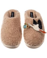 Laines London - Neutrals Toffee Teddy Closed Toe Slippers With Baby Boy Stork Brooches - Lyst