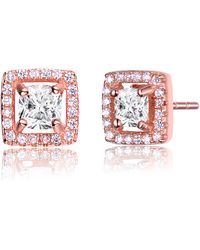 Genevive Jewelry - Sterling Silver Rose Gold Plated Cubic Zirconia Square Halo Stud Earrings - Lyst