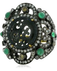 Artisan - Jade Oxidized Carved Cocktail Ring Diamond 925 Sterling Silver Jewelry - Lyst