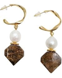 Farra - Geometric Tiger-Eye Stone With Freshwater Pearls Earrings - Lyst