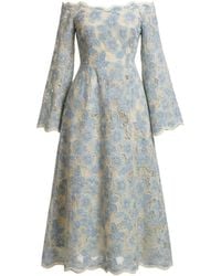 IZABELA MANDOIU - Off-Shoulder Bleu Viscose Dress With Embroidery - Lyst
