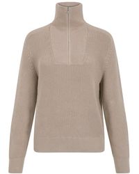 Paul James Knitwear - Neutrals Midweight Cotton Caitlyn Troyer Zip Neck Ribbed Jumper - Lyst