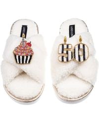 Laines London - Neutrals Laines Neutral Boucle Slippers With Stripe 50Th Birthday & Cake Brooches - Lyst