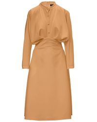 BLUZAT - Neutrals Camel Midi Dress With Draping And Buttons - Lyst