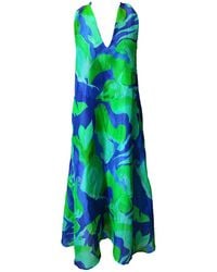 Haris Cotton - Printed Linen Blend Dress With Cross Back Detail Lagoon - Lyst