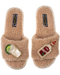Laines London - Teddy Towelling Slipper Sliders With Tequila Slammer Brooches - Lyst