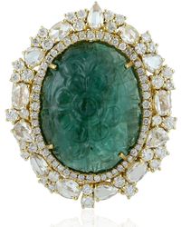 Artisan - 18k Yellow Gold Carving Emerald Pave Diamond Cocktail Ring Handmade Jewelry - Lyst