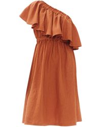 Haris Cotton - One Shoulder Midi Linen Dress With Ruffle - Lyst